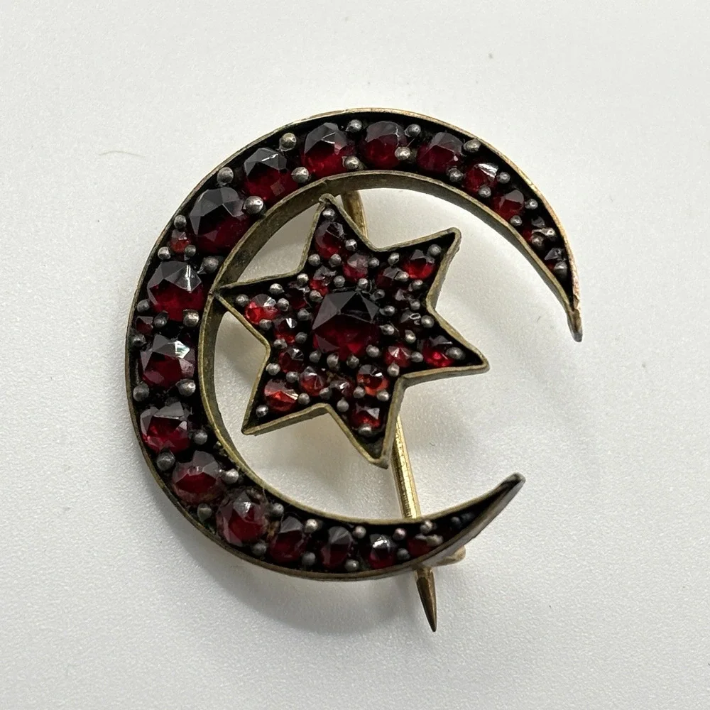 Antique Bohemian Garnet Brooch With Crescent Moon And Star Sun Motif Celestial